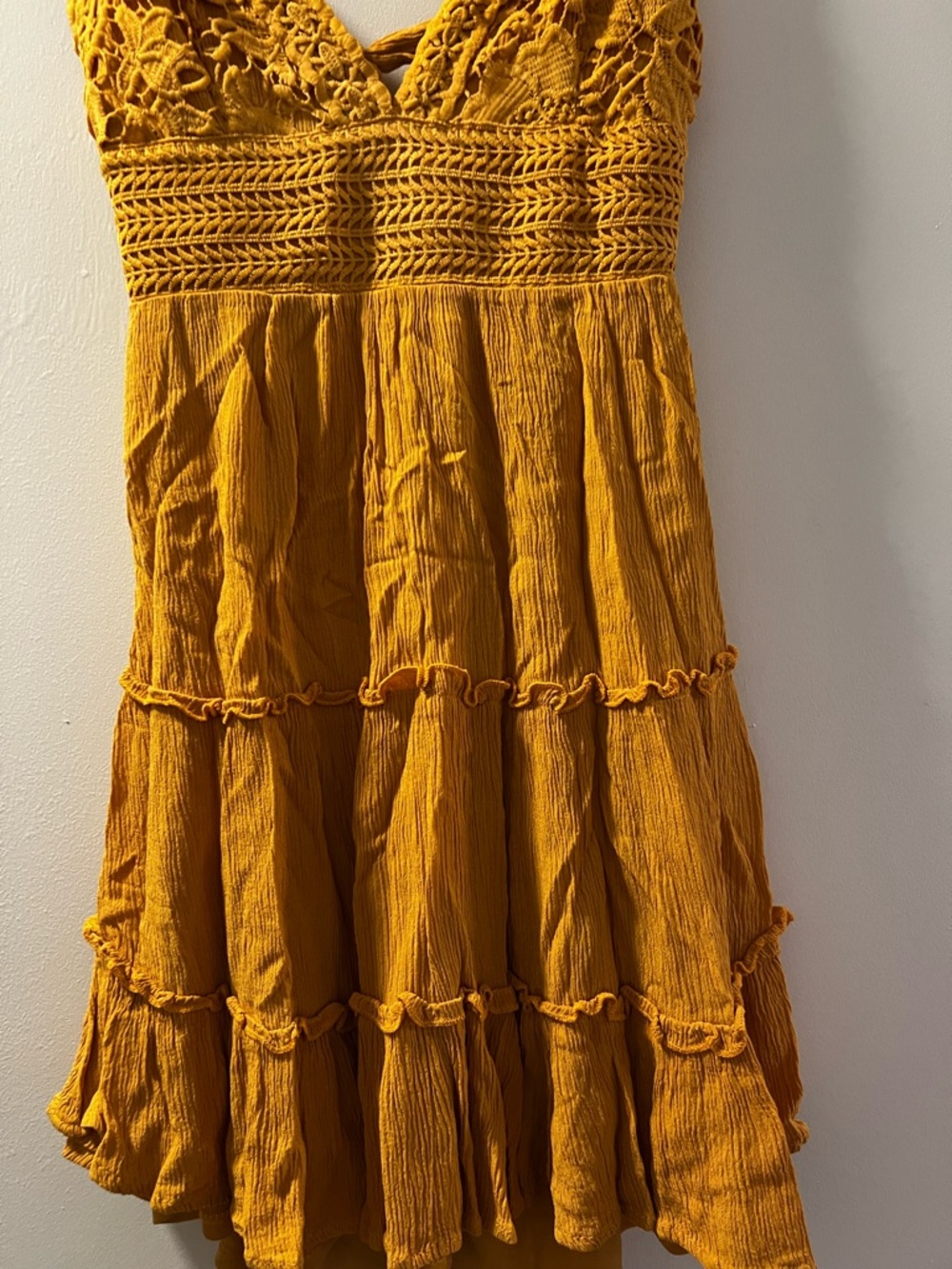 Mustard Crochet Bodice Tiered Mini Dress - Picture 2 of 5